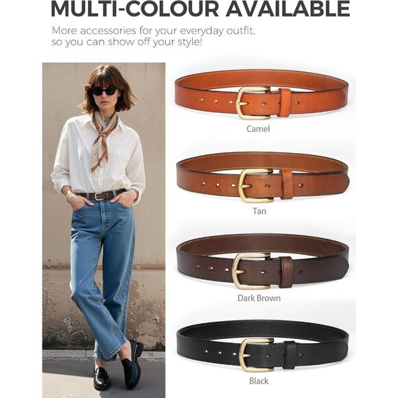 Women\'s Leather Belt 1.3 Inch Dark Brown with Gold Buckle Adjustable for Jeans